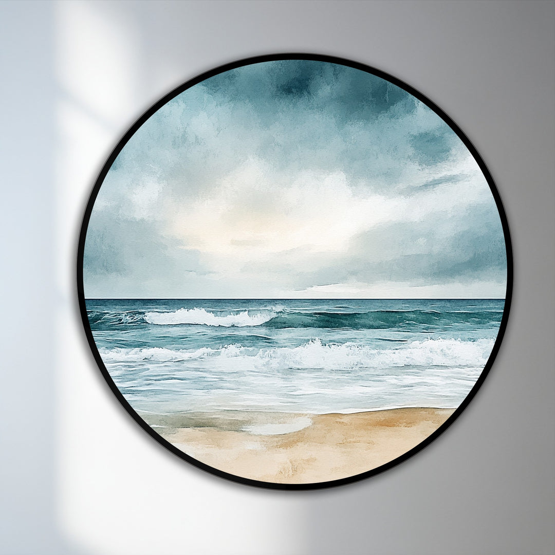 High color contrast accentuates the sky above the horizon line in this oil painting reproduction print of 'Coastal Serenity – Beach Horizon Round Oil Painting'.