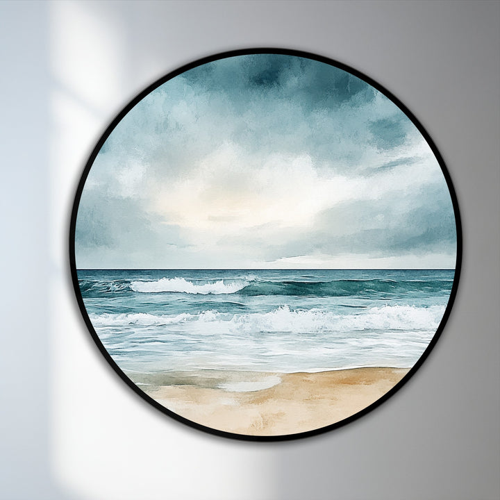 High color contrast accentuates the sky above the horizon line in this oil painting reproduction print of 'Coastal Serenity – Beach Horizon Round Oil Painting'.