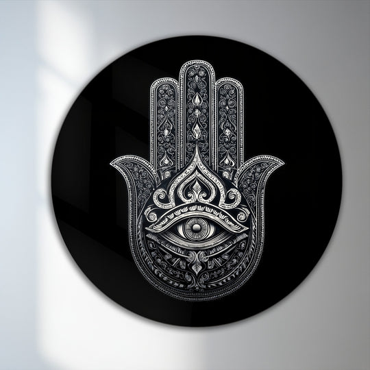 Subtle gradations highlight the transition between black and silver in this round sacred protection oil painting decoration, showcasing the intricate hamsa eye design.