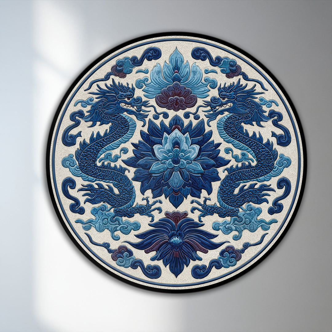 Illuminated by the brightest area, this round oil painting home decor showcases symmetrical royal blue twin dragons entwined with intricate floral motifs in an elegant oriental style.