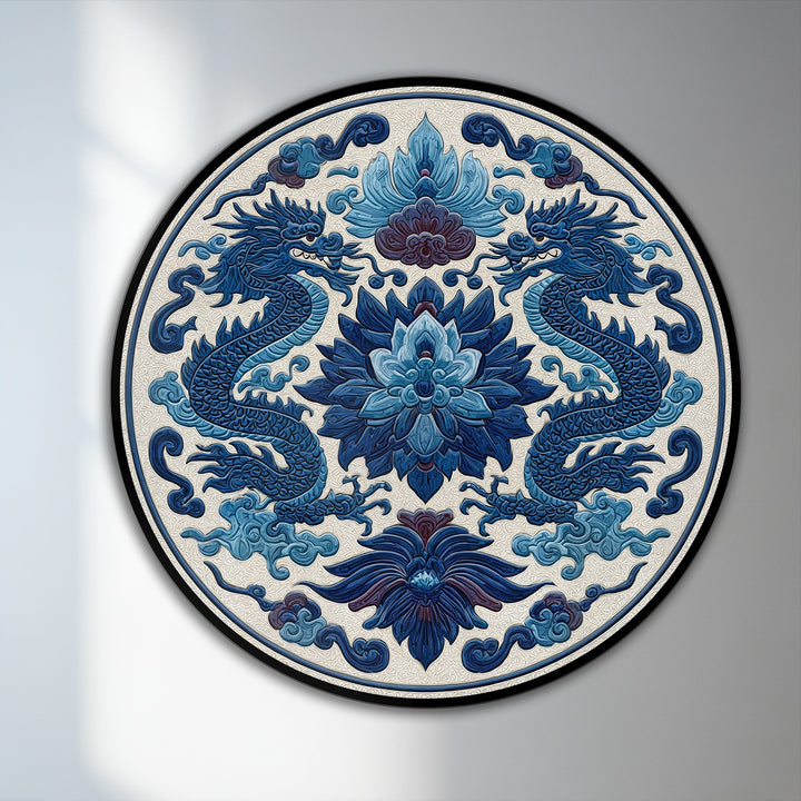 Illuminated by the brightest area, this round oil painting home decor showcases symmetrical royal blue twin dragons entwined with intricate floral motifs in an elegant oriental style.