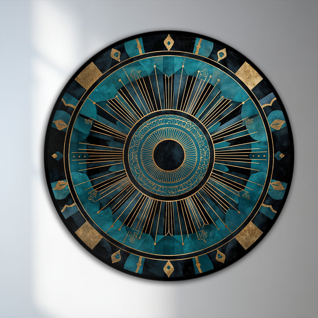 High color saturation enhances the teal and gold mandala oil painting art piece, giving this round, abstract artwork a radiant and luxurious feel.