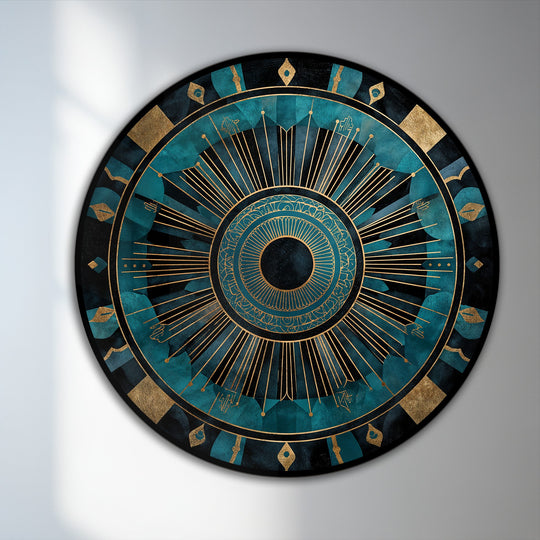 High color saturation enhances the teal and gold mandala oil painting art piece, giving this round, abstract artwork a radiant and luxurious feel.