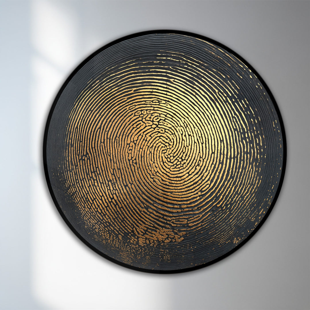 Illuminated, the brightest area highlights the circular gold texture within this abstract round wooden oil painting decoration, showcasing its glowing pulse.