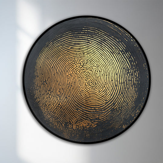 Illuminated, the brightest area highlights the circular gold texture within this abstract round wooden oil painting decoration, showcasing its glowing pulse.