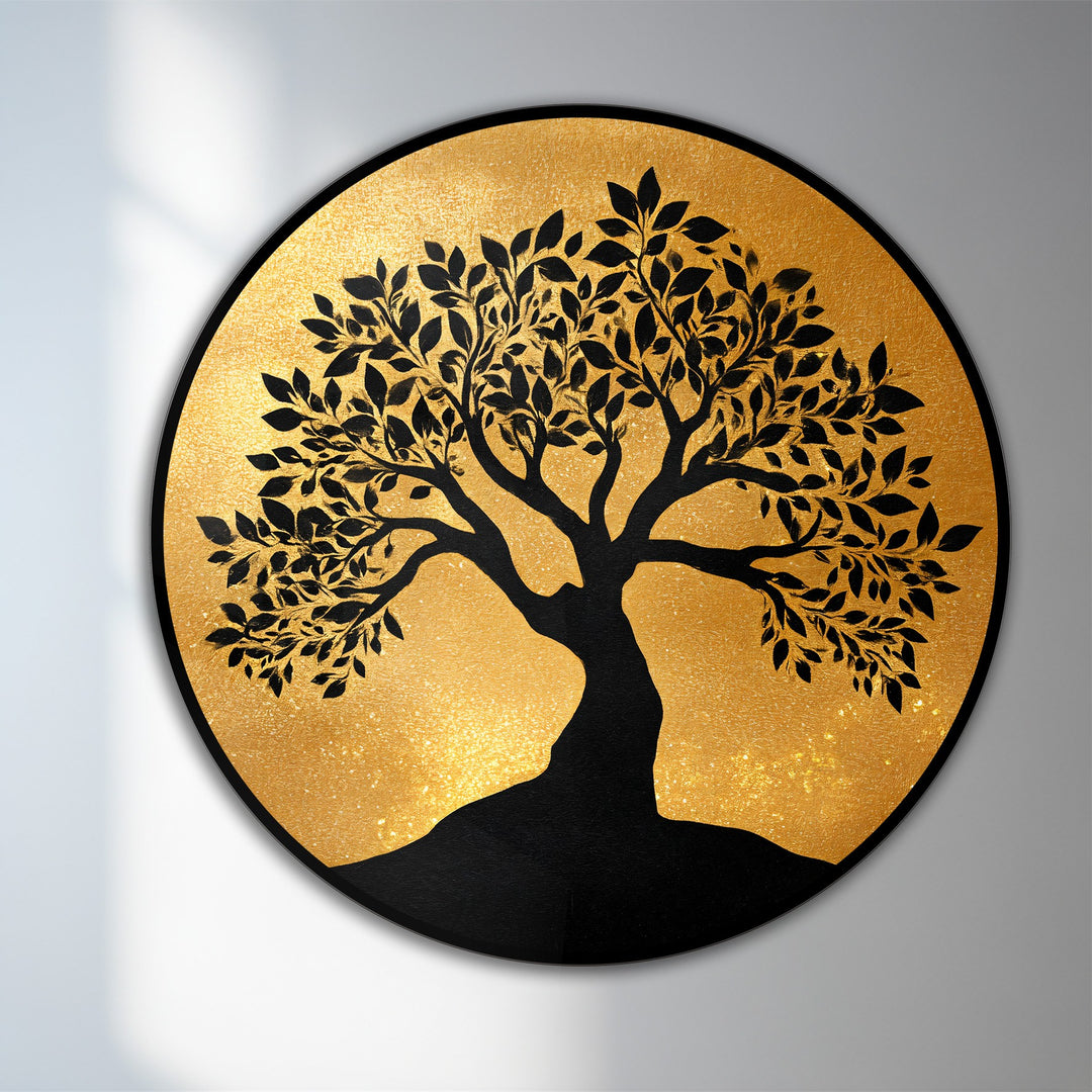 Against the gilded background, the golden hue highlights the beauty of this round oil painting art prints with its elegant tree silhouette.