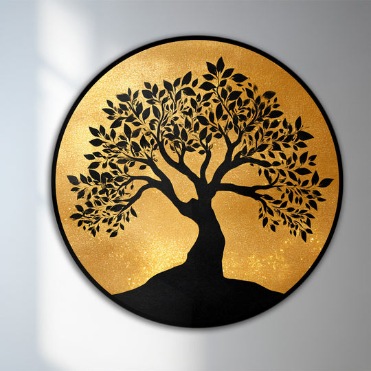 Against the gilded background, the golden hue highlights the beauty of this round oil painting art prints with its elegant tree silhouette.