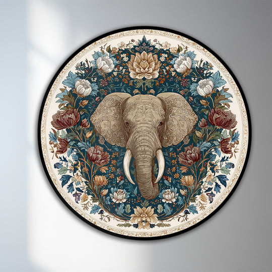 Negative space accentuates the elephant amidst the flowers in this round oil painting wall art, offering a striking visual that enhances its elegance.