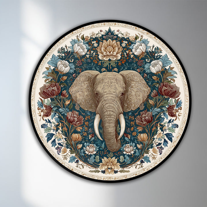 Negative space accentuates the elephant amidst the flowers in this round oil painting wall art, offering a striking visual that enhances its elegance.