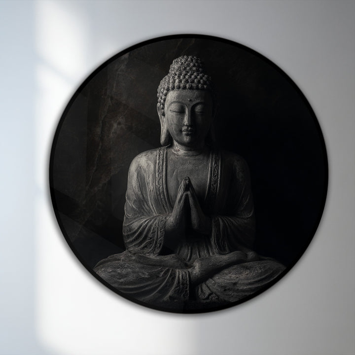 Subtle light and shadow define the contours of this round Midnight Stillness meditative Buddha oil painting wall art, creating a serene and contemplative depth.