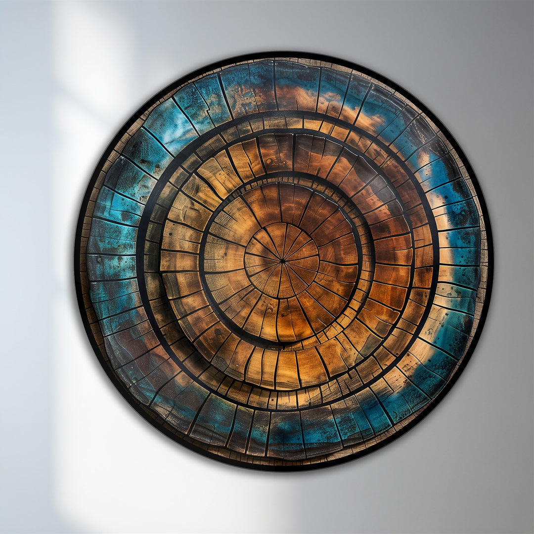Warm copper tones in the center of this abstract round oil painting beautifully contrast with the cool teal along the edges, like a split in color temperature for oil painting reproduction print.