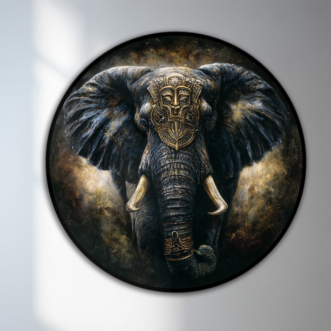 Dark hues define this majestic elephant round oil painting wall art, featuring a powerful guardian adorned with a golden tribal mask on wood.