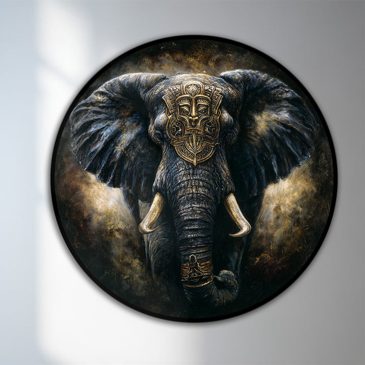 Dark hues define this majestic elephant round oil painting wall art, featuring a powerful guardian adorned with a golden tribal mask on wood.