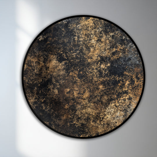 Focusing on the foreground detail, the golden patina and textured finish bring depth to this abstract round oil painting wall art.