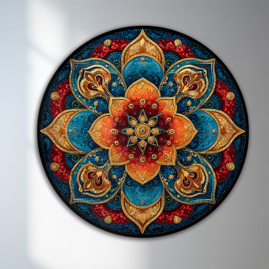 Negative space highlights the circular 'Radiant Jewel Mandala' ornamental oil painting wall art, emphasizing its intricate design and jewel-toned colors on wood.