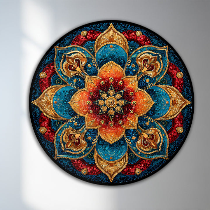 Negative space highlights the circular 'Radiant Jewel Mandala' ornamental oil painting wall art, emphasizing its intricate design and jewel-toned colors on wood.