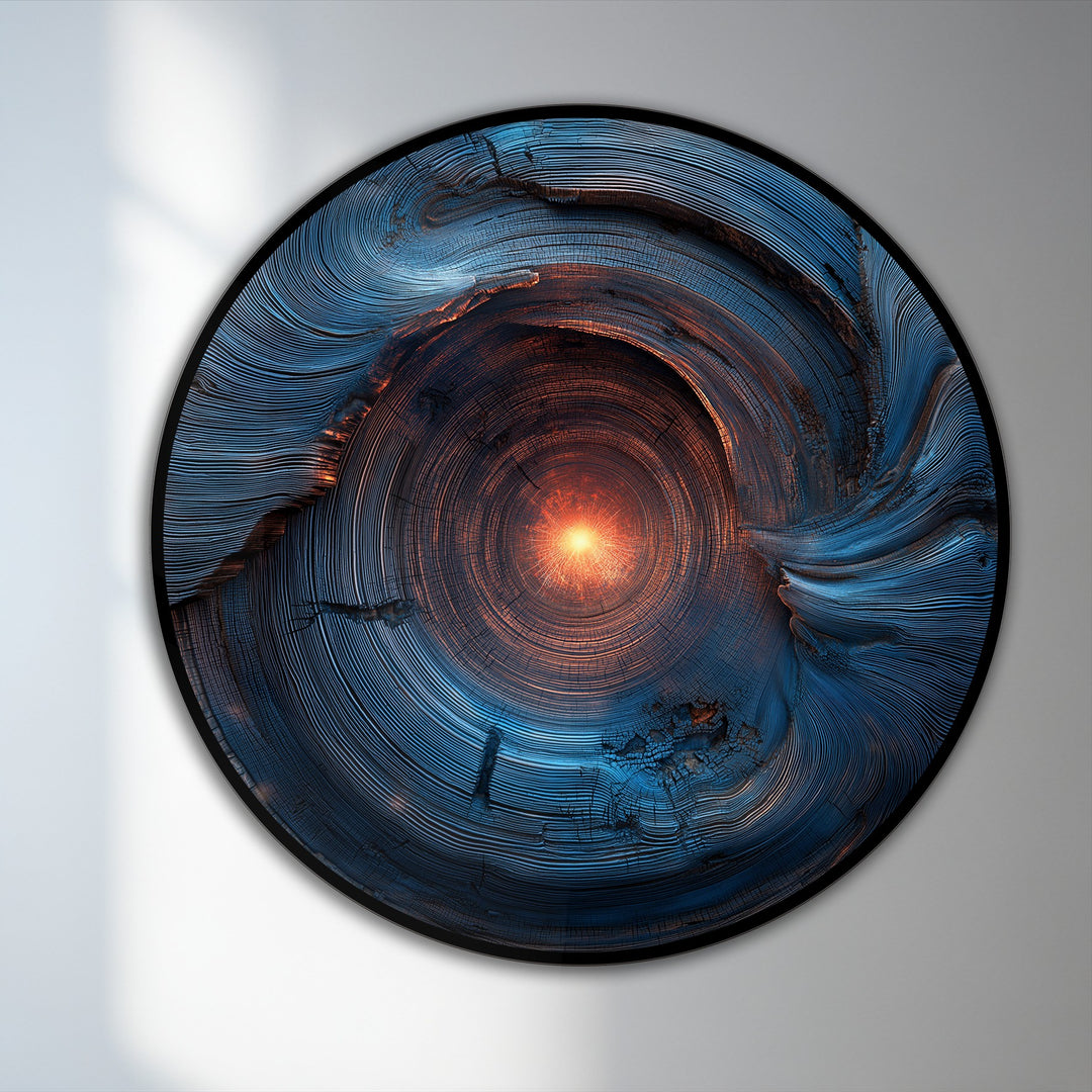 The celestial core abstract oil painting reproduction print showcases a mesmerizing color transition as it radiates from a fiery center to cool blue wood grain spirals.