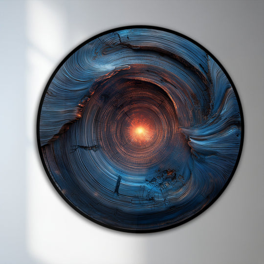 The celestial core abstract oil painting reproduction print showcases a mesmerizing color transition as it radiates from a fiery center to cool blue wood grain spirals.