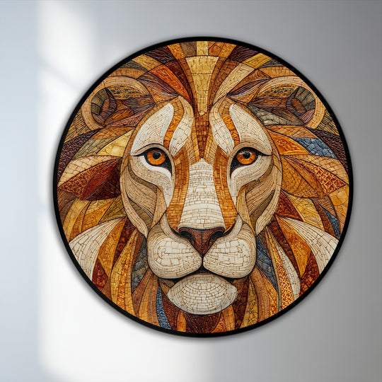Light and shadow play across the round mosaic lion portrait, highlighting the golden tones and intricate details of this oil painting wall art.