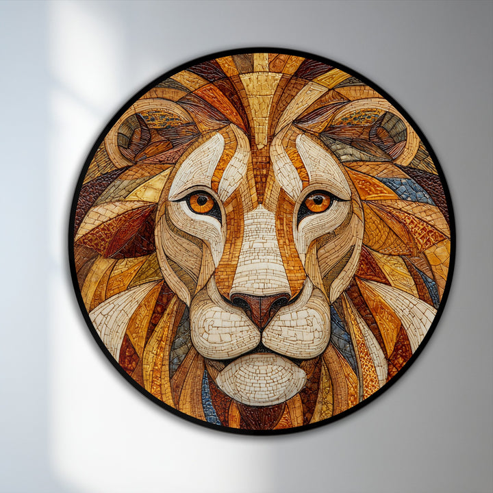 Light and shadow play across the round mosaic lion portrait, highlighting the golden tones and intricate details of this oil painting wall art.