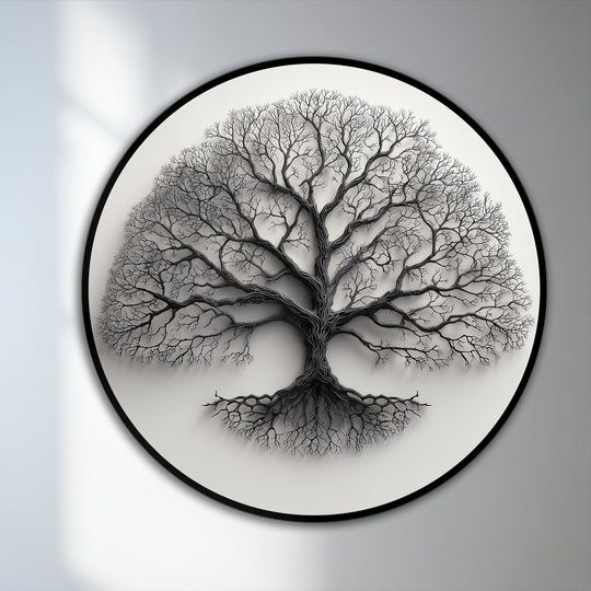 The stillness of the minimalist monochrome tree silhouette round oil painting is captured in the detailed branching, creating a unique piece of oil painting wall art.