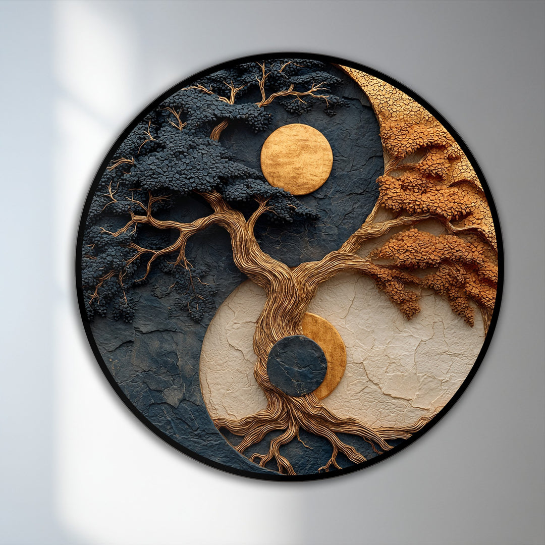 Contrasting light and shadow define the Celestial Balance Tree round abstract oil painting art piece, emphasizing the textured gold accents and deep earthy tones in this symbolic design.