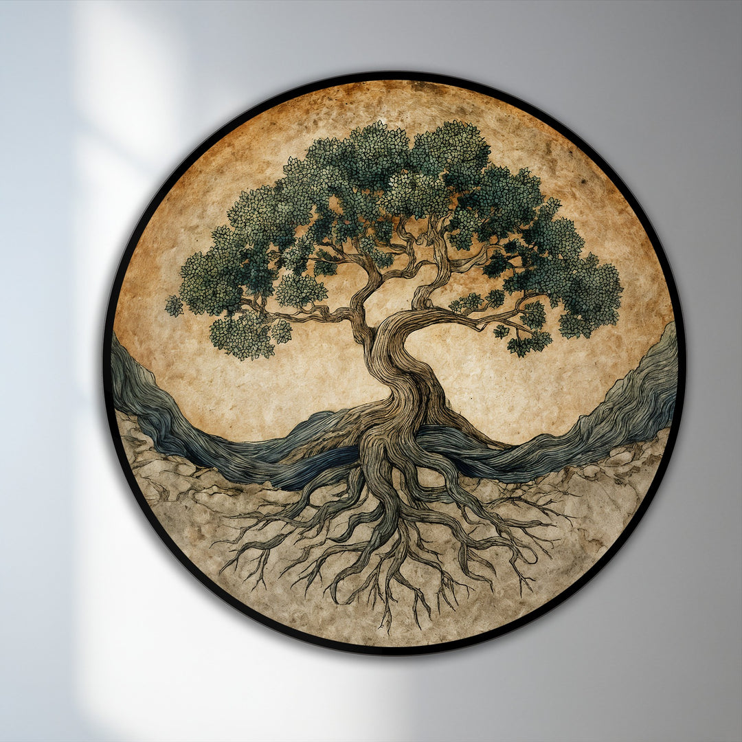 Swirling branches and roots create a kinetic sense of growth in this round symbolic tree of life oil painting artwork, expressing dynamic movement and the cycles of nature.