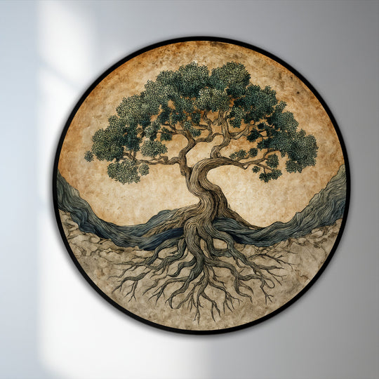 Swirling branches and roots create a kinetic sense of growth in this round symbolic tree of life oil painting artwork, expressing dynamic movement and the cycles of nature.