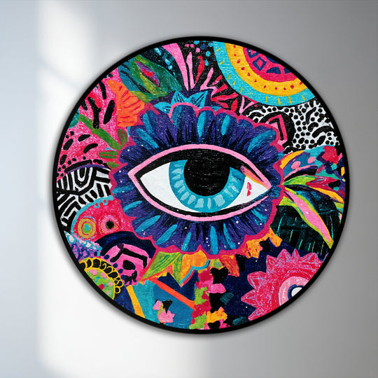 Swirling patterns create a sense of motion around the eye in this vibrant, colorful abstract round oil painting art piece, a dynamic modern work.