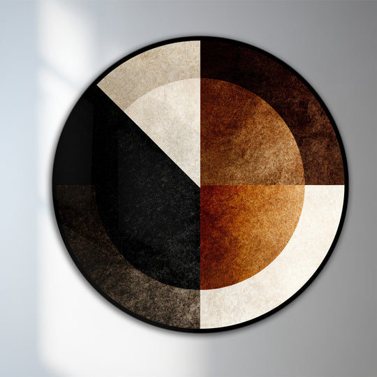 Illuminating the round geometric oil painting on wood, light and shadow interplay defines the abstract circle composition, resembling an oil painting reproduction print.