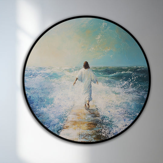 Curvilinear brushstrokes in this oil painting art piece depict the tumultuous waves parting to form an ethereal path for a figure walking on water.