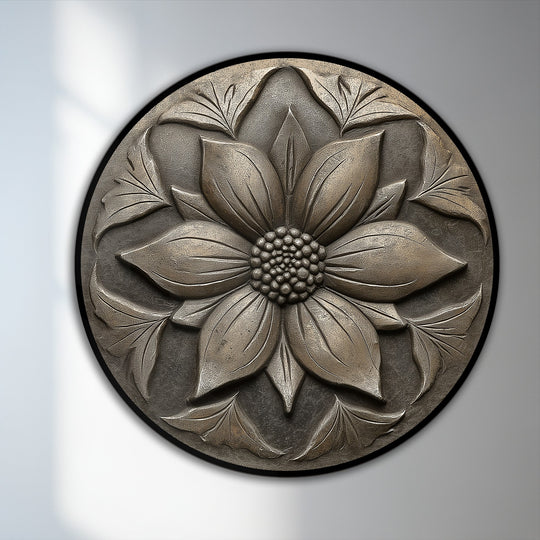 Illuminated by the brightest area, this modern oil painting art captures a vintage blossom relief in a round floral design, showcasing texture and botanical detail.