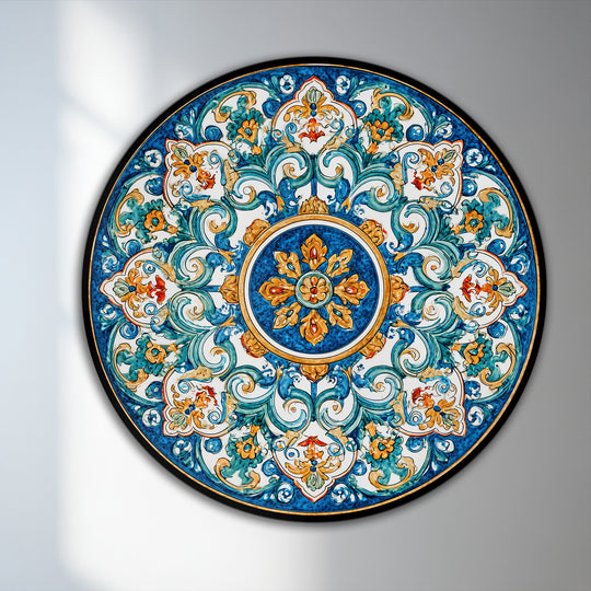 Finely rendered oil painting decoration brings out the textural details of the Azure Baroque Harmony ornamental mandala round oil painting.