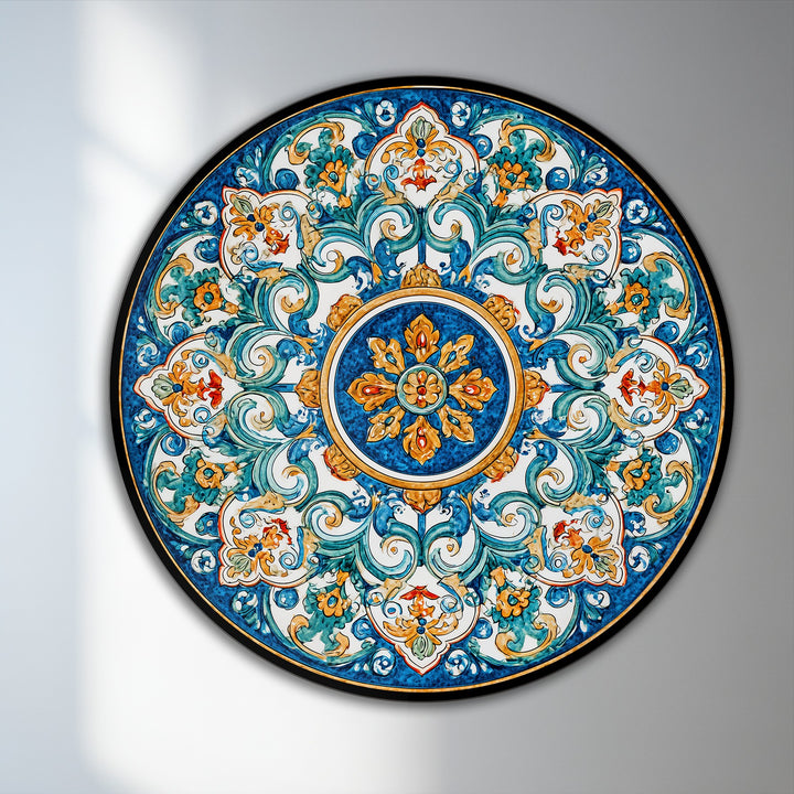 Finely rendered oil painting decoration brings out the textural details of the Azure Baroque Harmony ornamental mandala round oil painting.