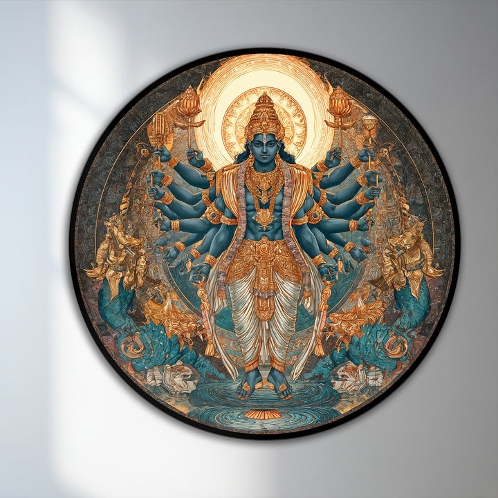 Geometric patterns accentuate the concentric circles and radial symmetry of this multi-armed deity round oil painting home decor.