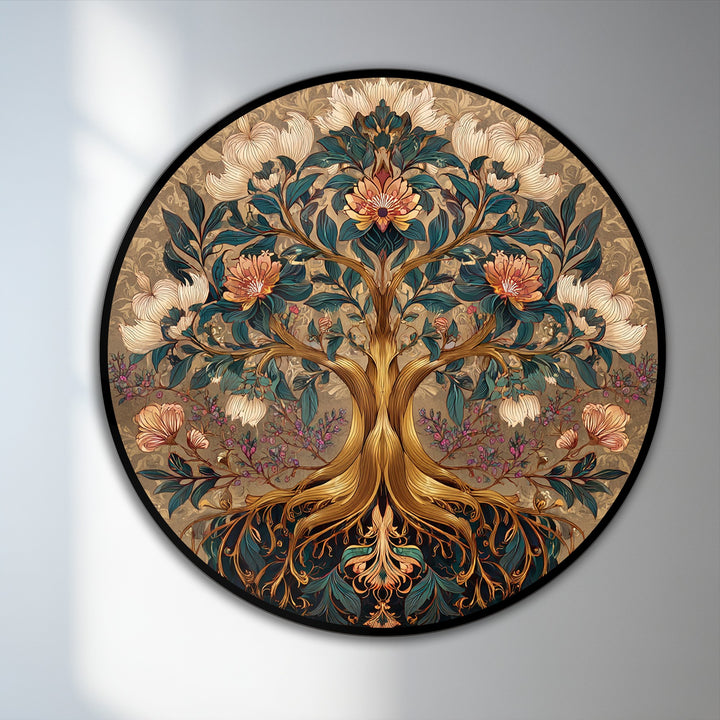 The stillness of an ornate bloom radiates from this decorative floral tree oil painting artwork, with its botanical details and harmonious teal and gold tones.