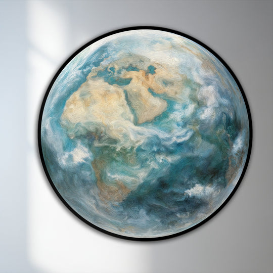 Round oil painting artwork presents an atmospheric globe of Earth with swirling textures that are the loudest element in ocean tones.