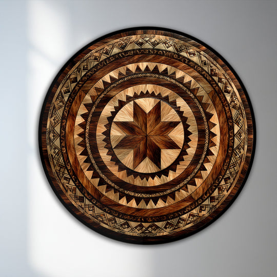 Brown is the dominant color in this rustic geometric round oil painting featuring a tribal sunburst mandala, perfect for adding character with oil painting art prints.