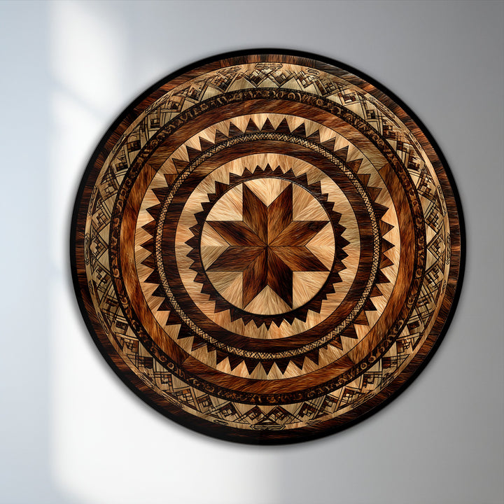 Brown is the dominant color in this rustic geometric round oil painting featuring a tribal sunburst mandala, perfect for adding character with oil painting art prints.