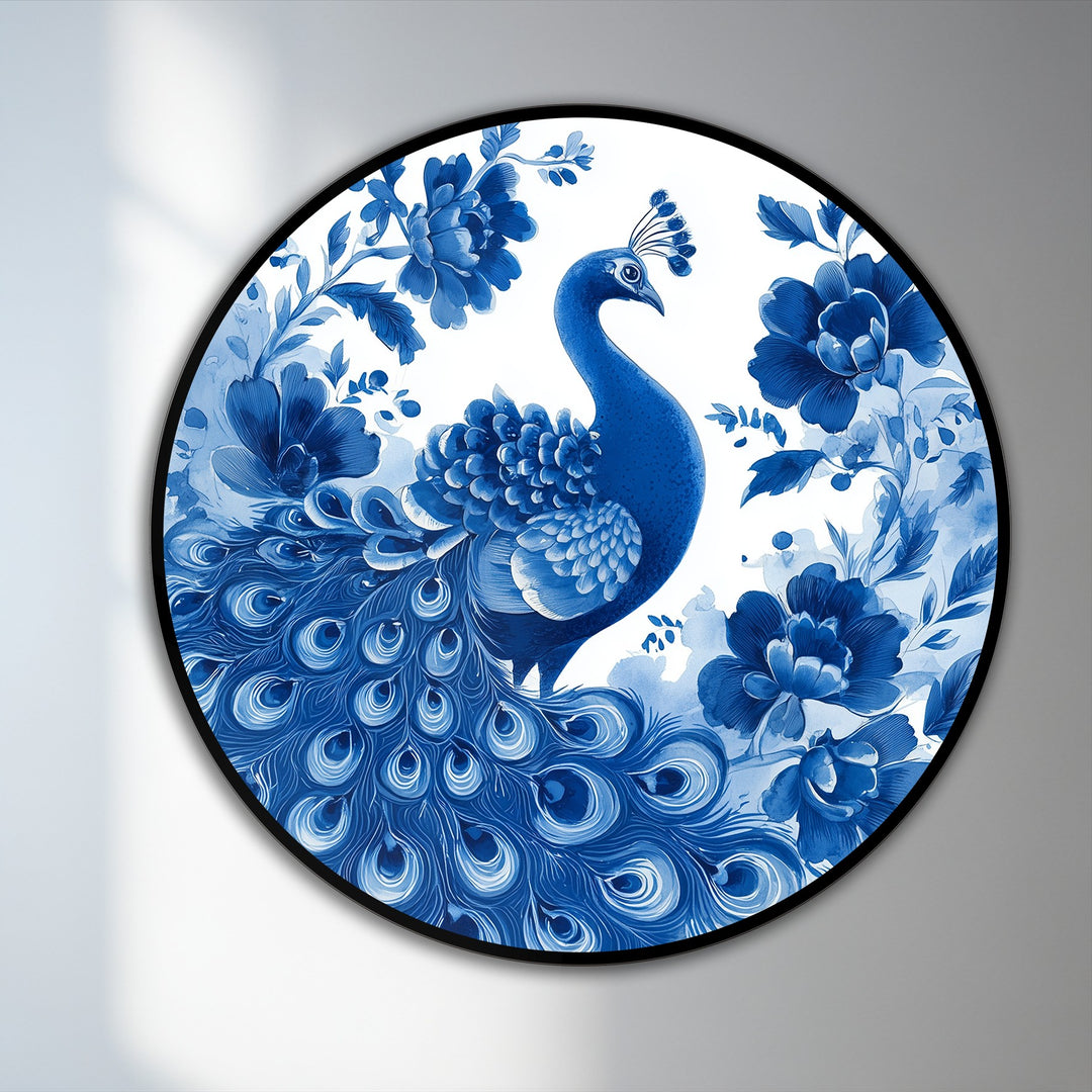 Dominantly indigo, this round oil painting showcases a peacock amidst blossoms, offering a captivating display of modern oil painting art in a chinoiserie style.