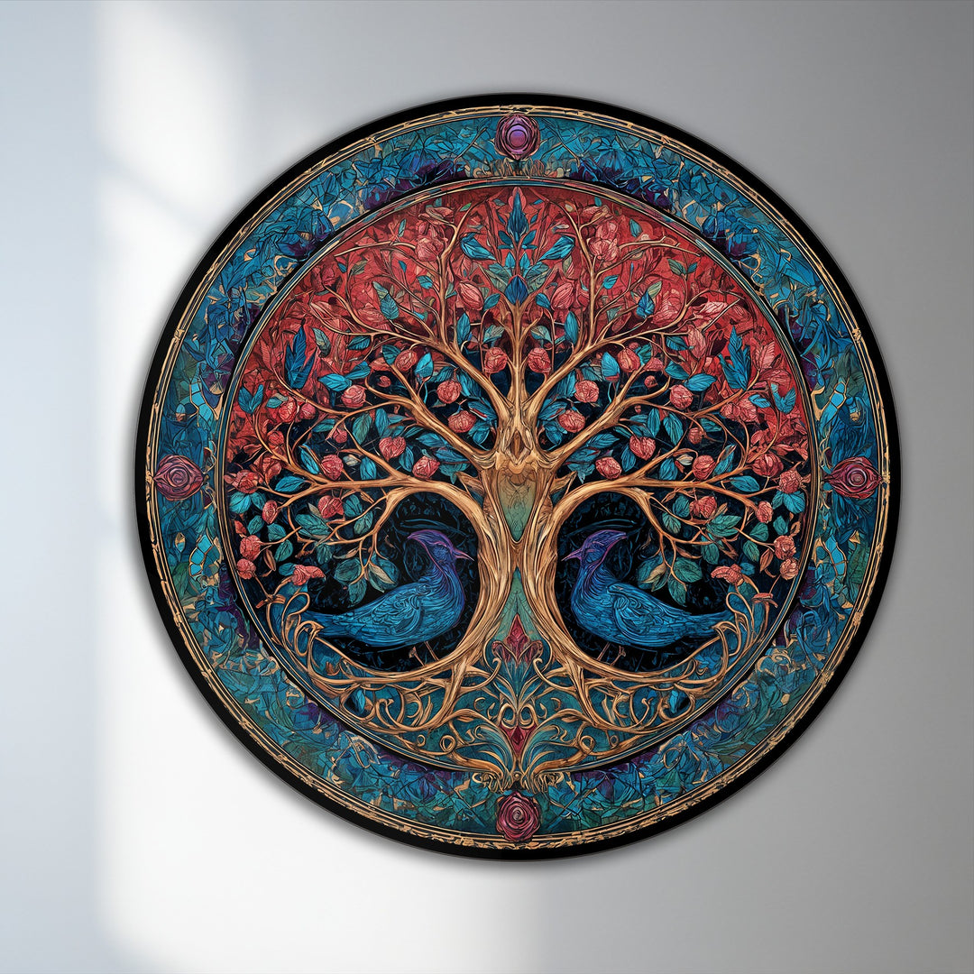 Illuminated by the tree trunk, this ornate tree of life round oil painting art piece showcases vibrant branches laden with red blossoms and perching blue birds.
