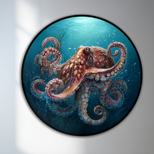 Swirling tentacles of the octopus in this round oil painting convey a dynamic sense of underwater movement, adding intrigue to your oil painting home decor.