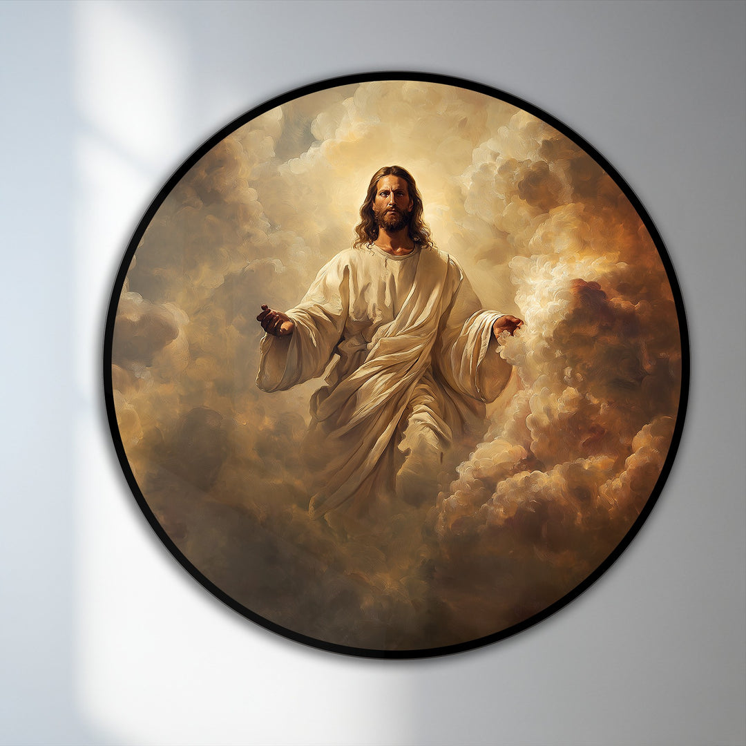 Radiant Christ emerges from the clouds in this breathtaking focal point of heavenly grace, a beautiful representation of oil painting wall art.