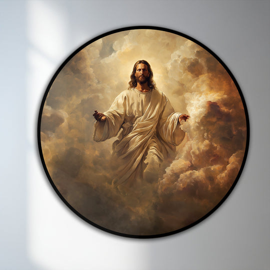 Radiant Christ emerges from the clouds in this breathtaking focal point of heavenly grace, a beautiful representation of oil painting wall art.