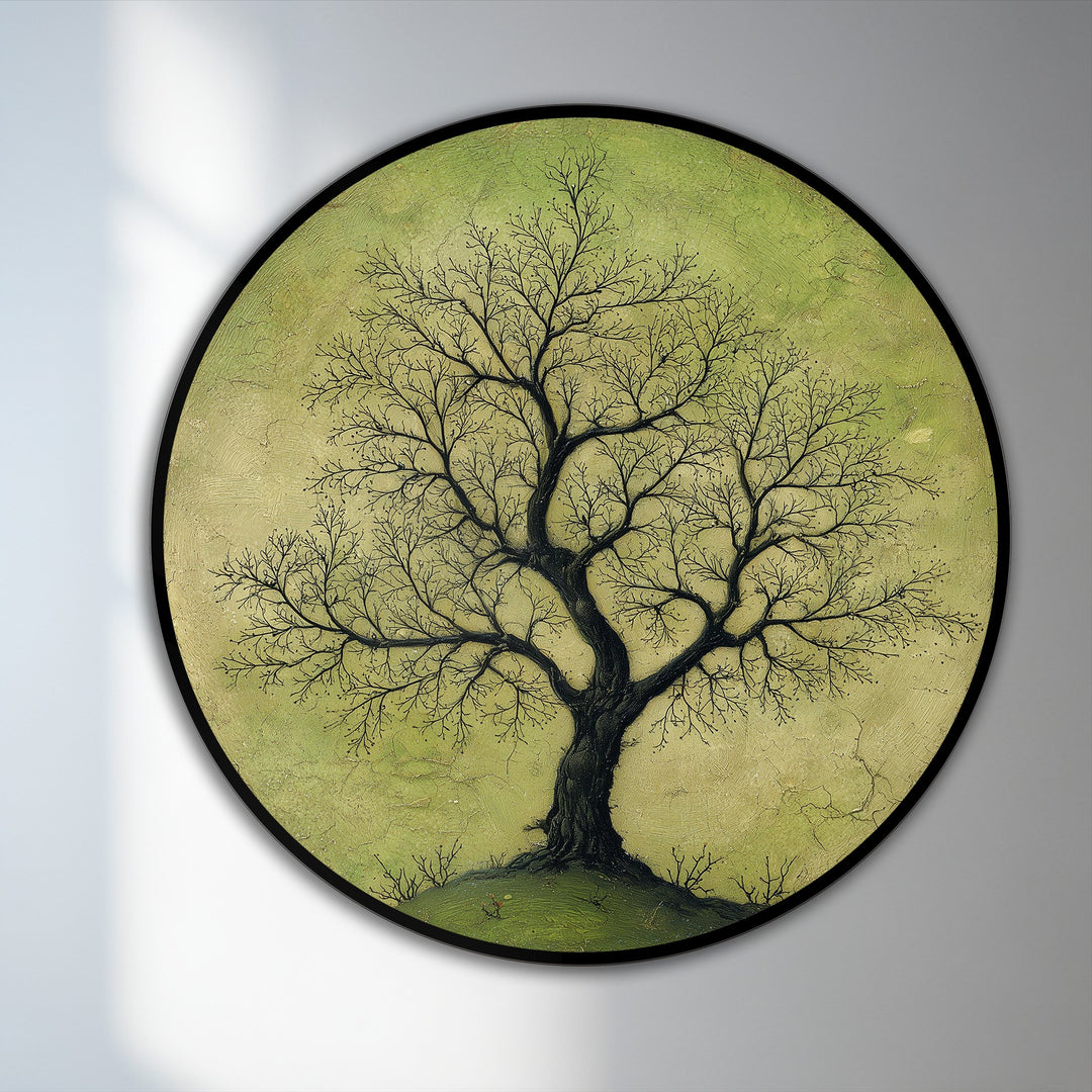 Against a textured backdrop, this nature-inspired round oil painting features soft green grounds in a modern oil painting art style.