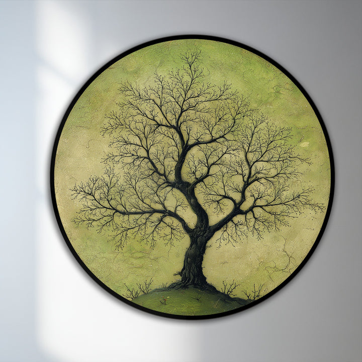Against a textured backdrop, this nature-inspired round oil painting features soft green grounds in a modern oil painting art style.