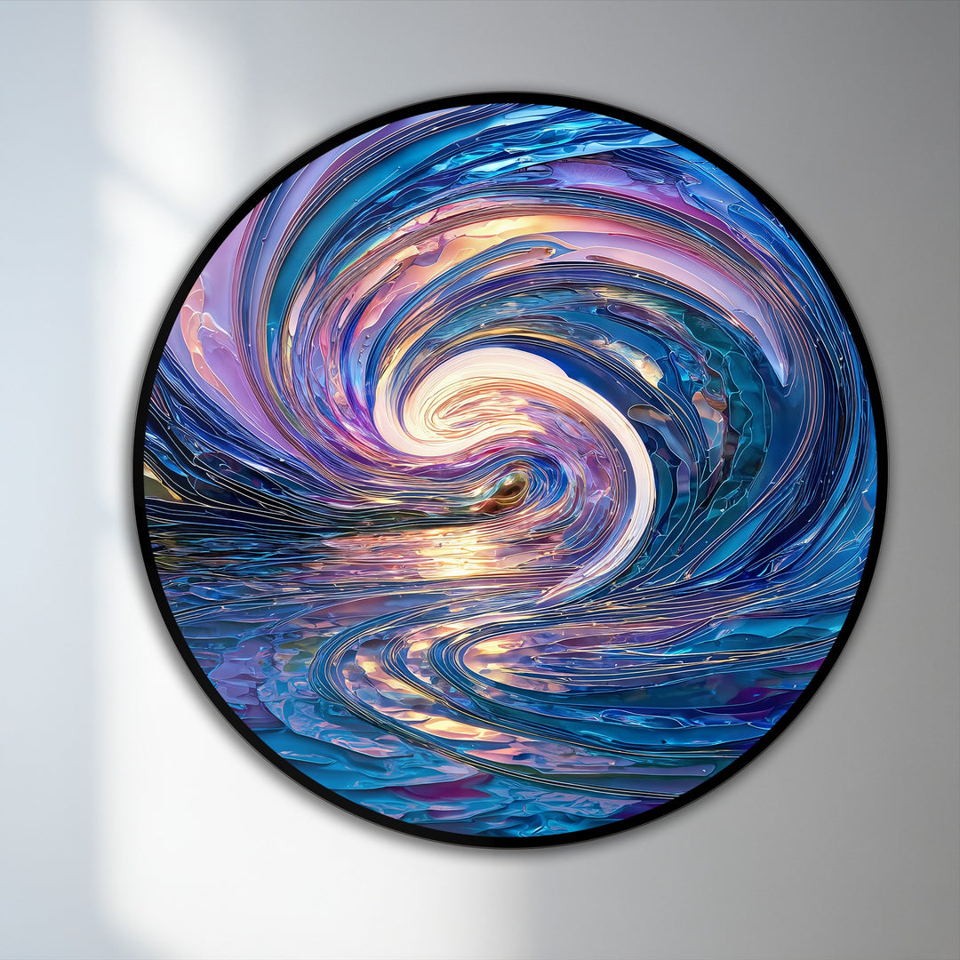 Illuminating from within, the brightest area highlights the iridescent colors of this celestial tide oil painting art prints, a swirling wave of modern abstract art.