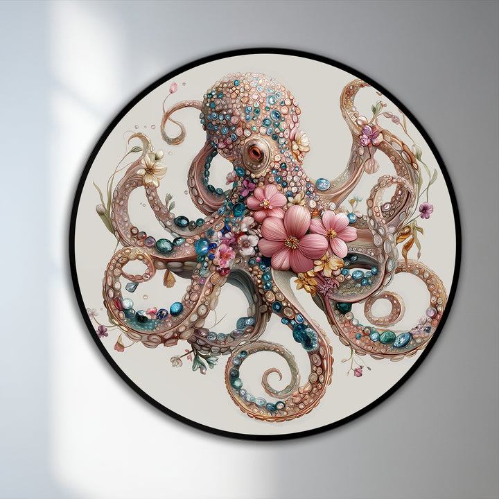 The stark negative space highlights a floral jeweled octopus in this round oil painting wall art, enhancing its elegant ocean motif.