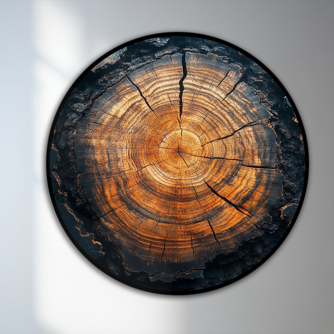 The stillness of the tree's eternal rings is captured in this modern oil painting art, where each ring represents a year in the rustic tree core's life.