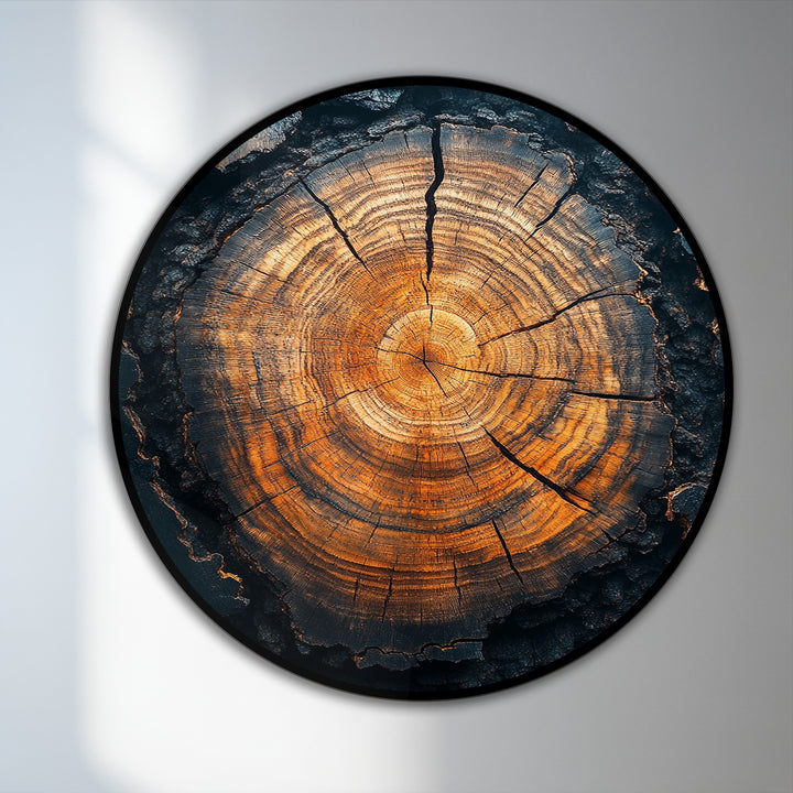 The stillness of the tree's eternal rings is captured in this modern oil painting art, where each ring represents a year in the rustic tree core's life.